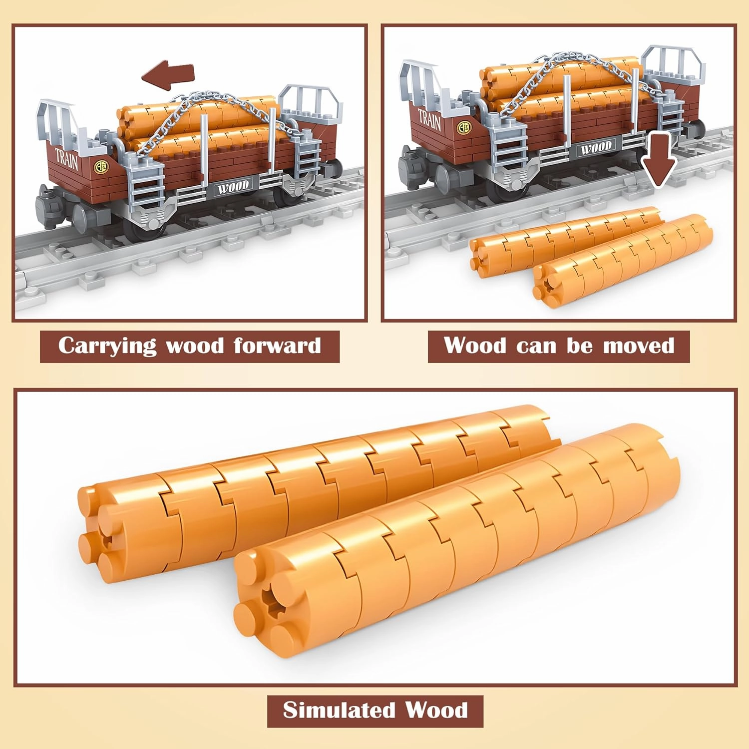 Finger Rock City Freight Train Car Building Toy Set, Classic Wooden Carriage Cargo Model, 150 Pcs MOC Construction Toys for Train Lovers, STEM Gifts for Boys & Girls 6-8 
