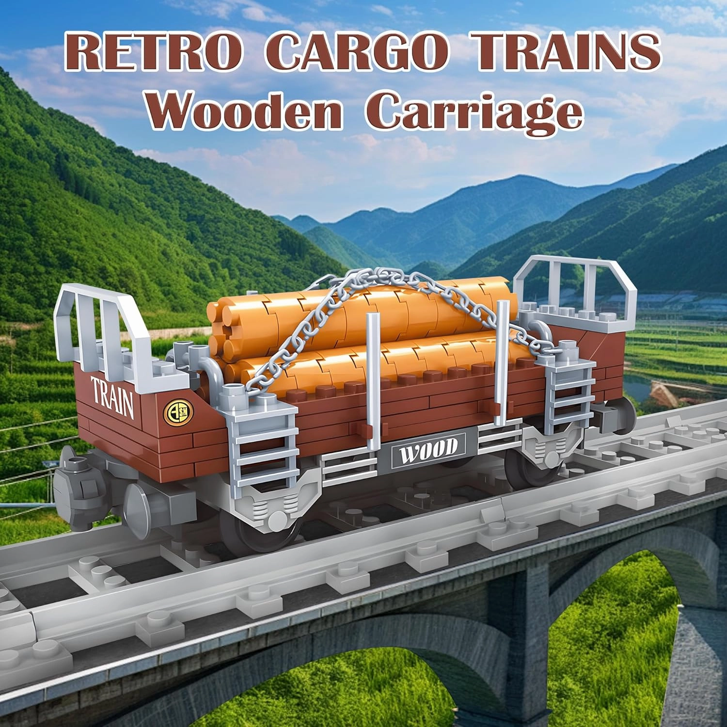 Finger Rock City Freight Train Car Building Toy Set, Classic Wooden Carriage Cargo Model, 150 Pcs MOC Construction Toys for Train Lovers, STEM Gifts for Boys & Girls 6-8 