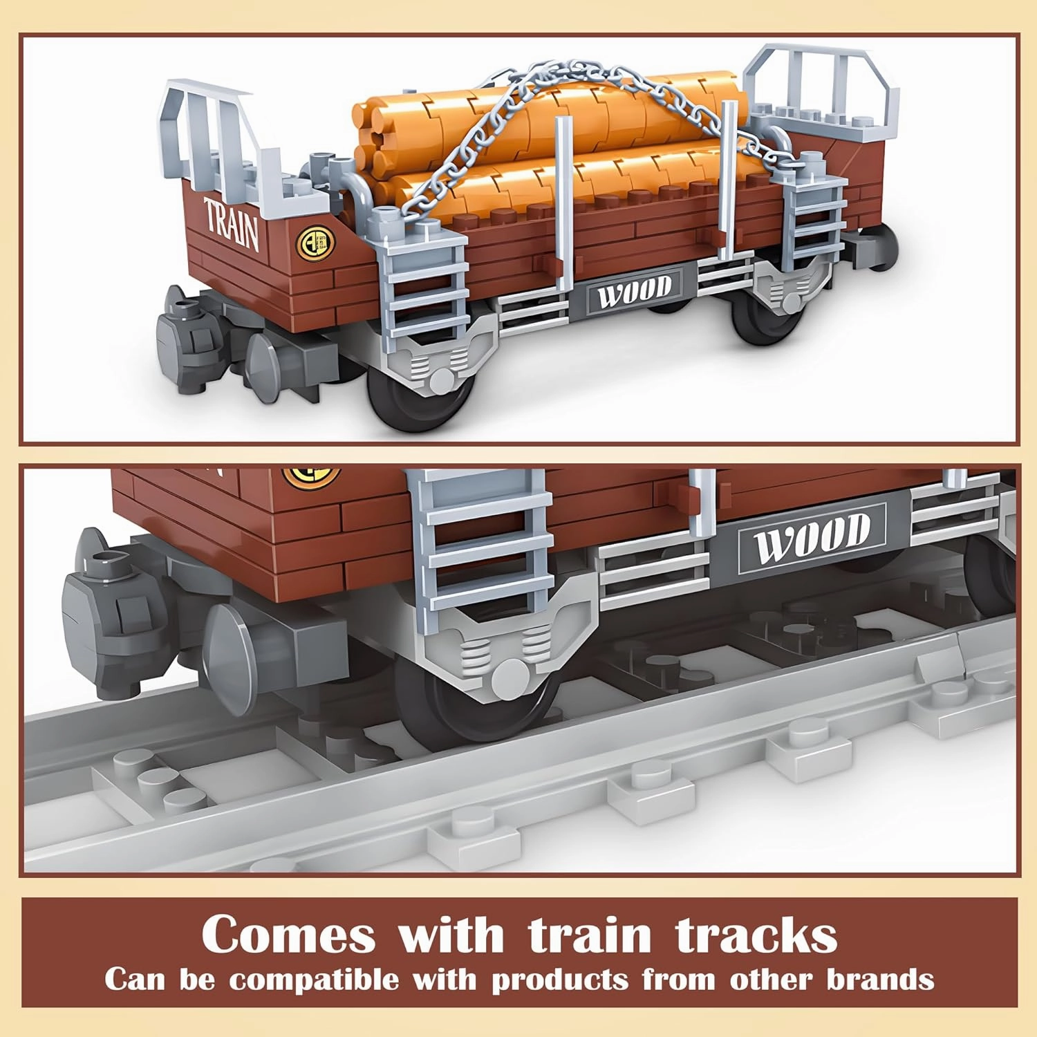 Finger Rock City Freight Train Car Building Toy Set, Classic Wooden Carriage Cargo Model, 150 Pcs MOC Construction Toys for Train Lovers, STEM Gifts for Boys & Girls 6-8 