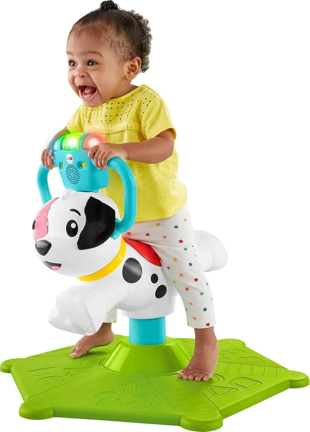 Fisher-Price Toddler Learning Toy, Bounce and Spin Puppy Stationary Ride-On Bouncer with Music & Lights for Infants Ages 1  Years