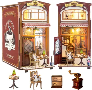 Fistone Book Nook Kit for Adults - DIY Dollhouse Booknook, 3D Wooden Puzzle Book Nook Miniature Kit with LED Light, Perfect for Bookshelf Decoration & Crafts for Adults Teen, Cafe Shop