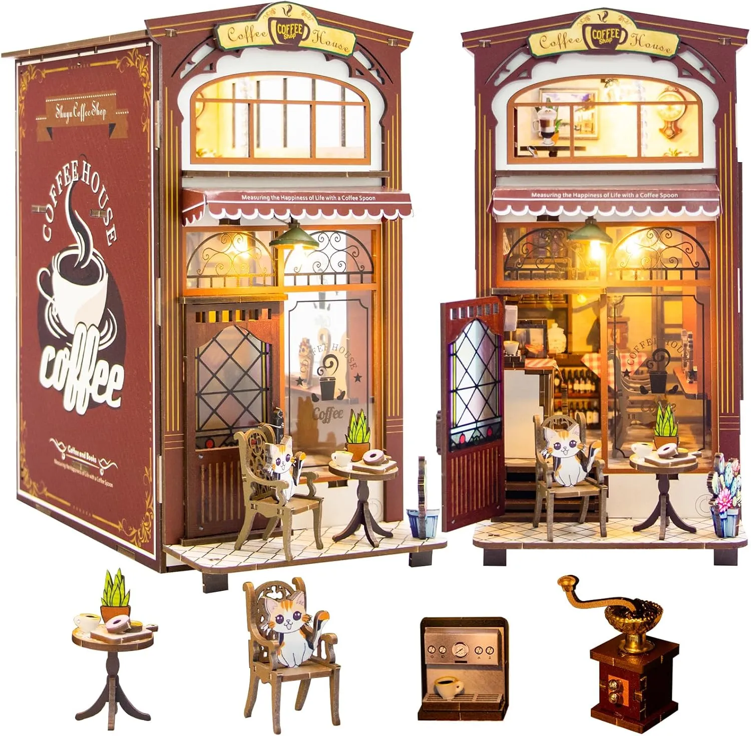 Fistone Book Nook Kit for Adults - DIY Dollhouse Booknook, 3D Wooden Puzzle Book Nook Miniature Kit with LED Light, Perfect for Bookshelf Decoration & Crafts for Adults Teen, Cafe Shop