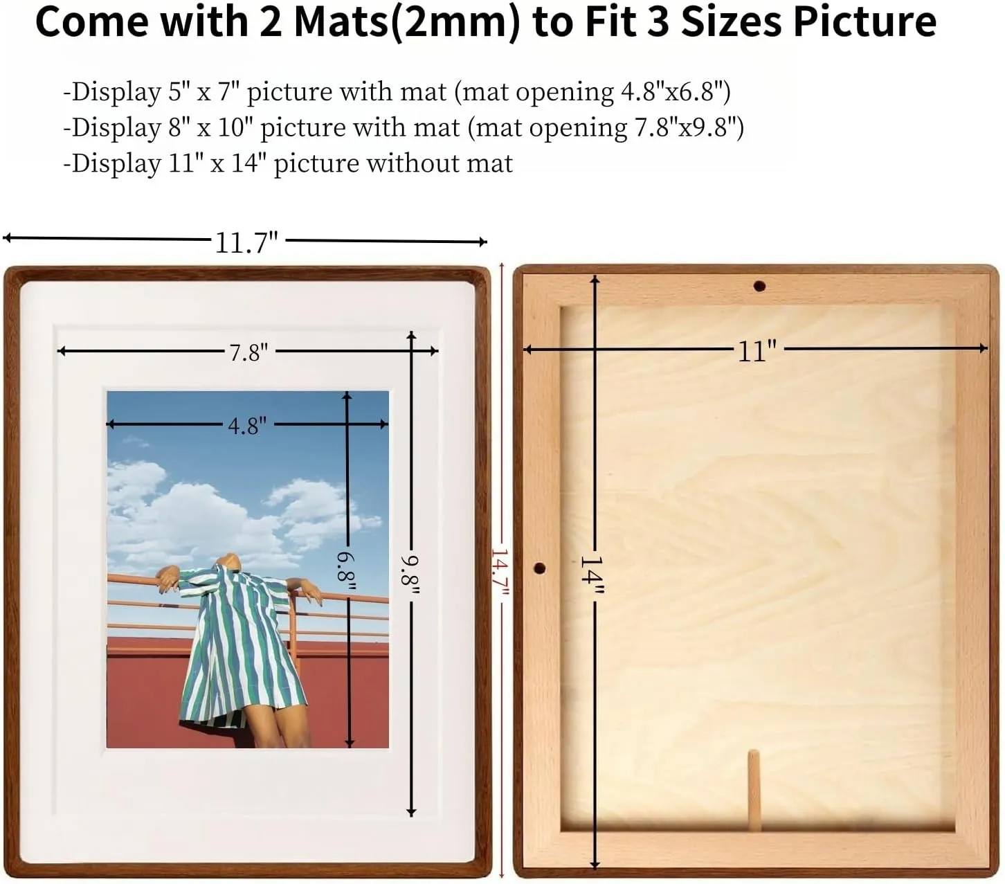 FLECHAZO 11x14 Picture Frame Wood with 5x7 and 8x10 Mat,Natural Solid Walnut Wooden Photo Frames 11 by 14 for Tabletop or Wall Display