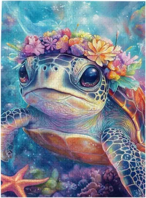 Flower Crown Sea Turtle In Coral Reef Jigsaw Puzzles 500 Pcs, Colorful Wooden Ocean Puzzle With Fish & Starfish,Pieces Fit Together Perfectly,Creative Activity Hobbies For Adults