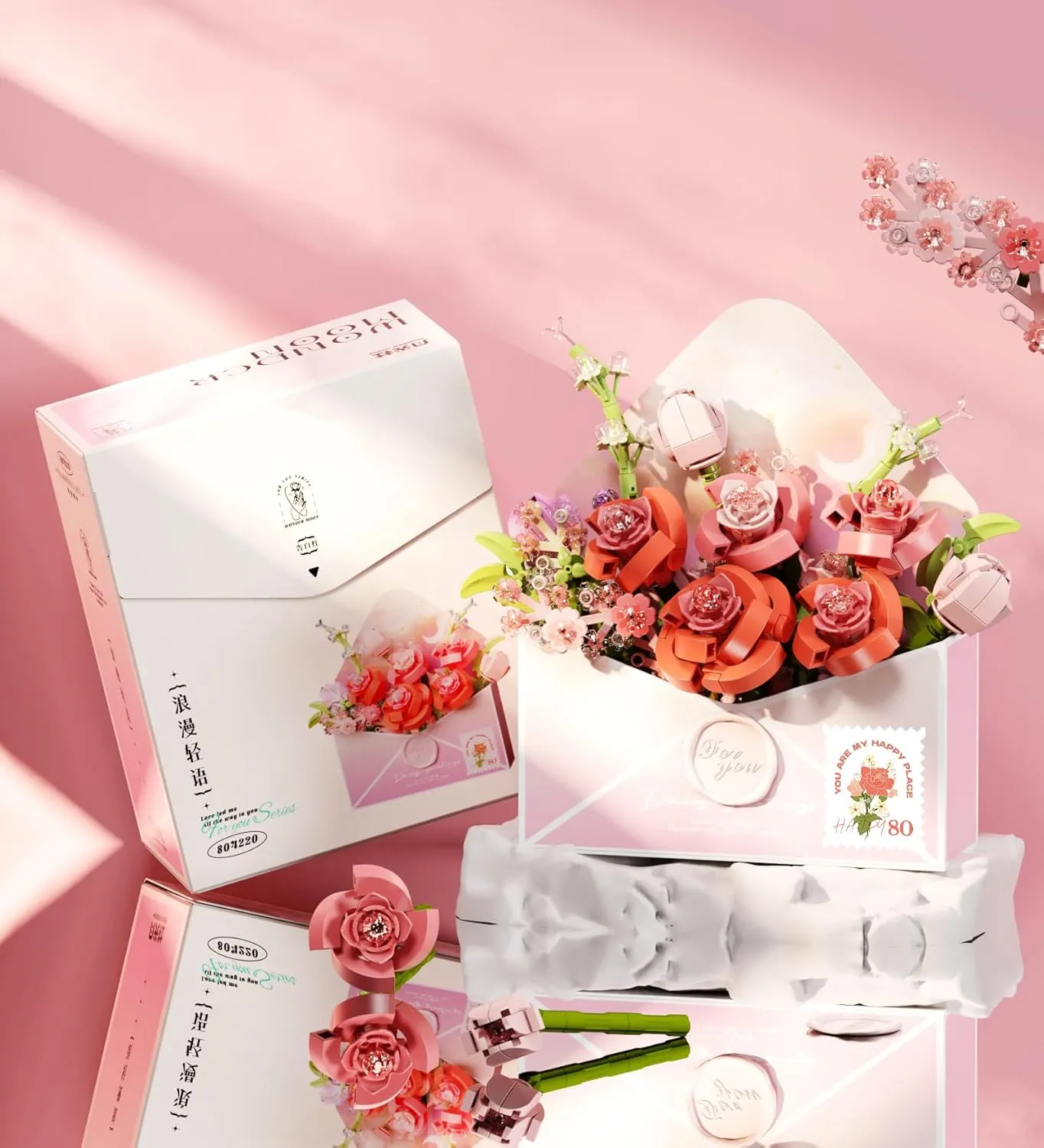 Flower Love Letter Envelope Building Blocks,599 Pieces,Flower Creative,Expressions Girls Puzzle Small Particle Building Blocks, Toys, Gifts,Romantic Whisper