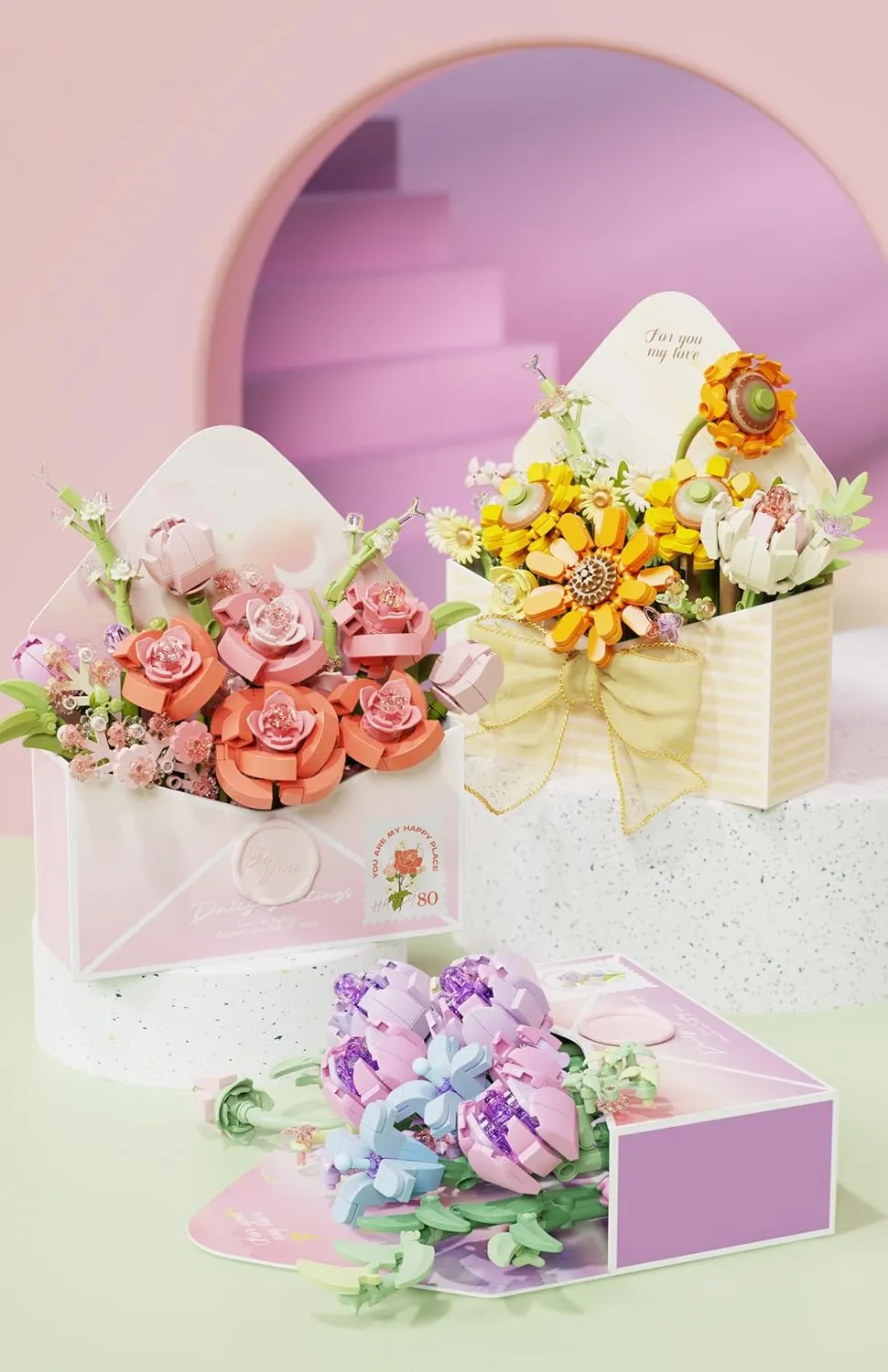 Flower Love Letter Envelope Building Blocks,599 Pieces,Flower Creative,Expressions Girls Puzzle Small Particle Building Blocks, Toys, Gifts,Romantic Whisper