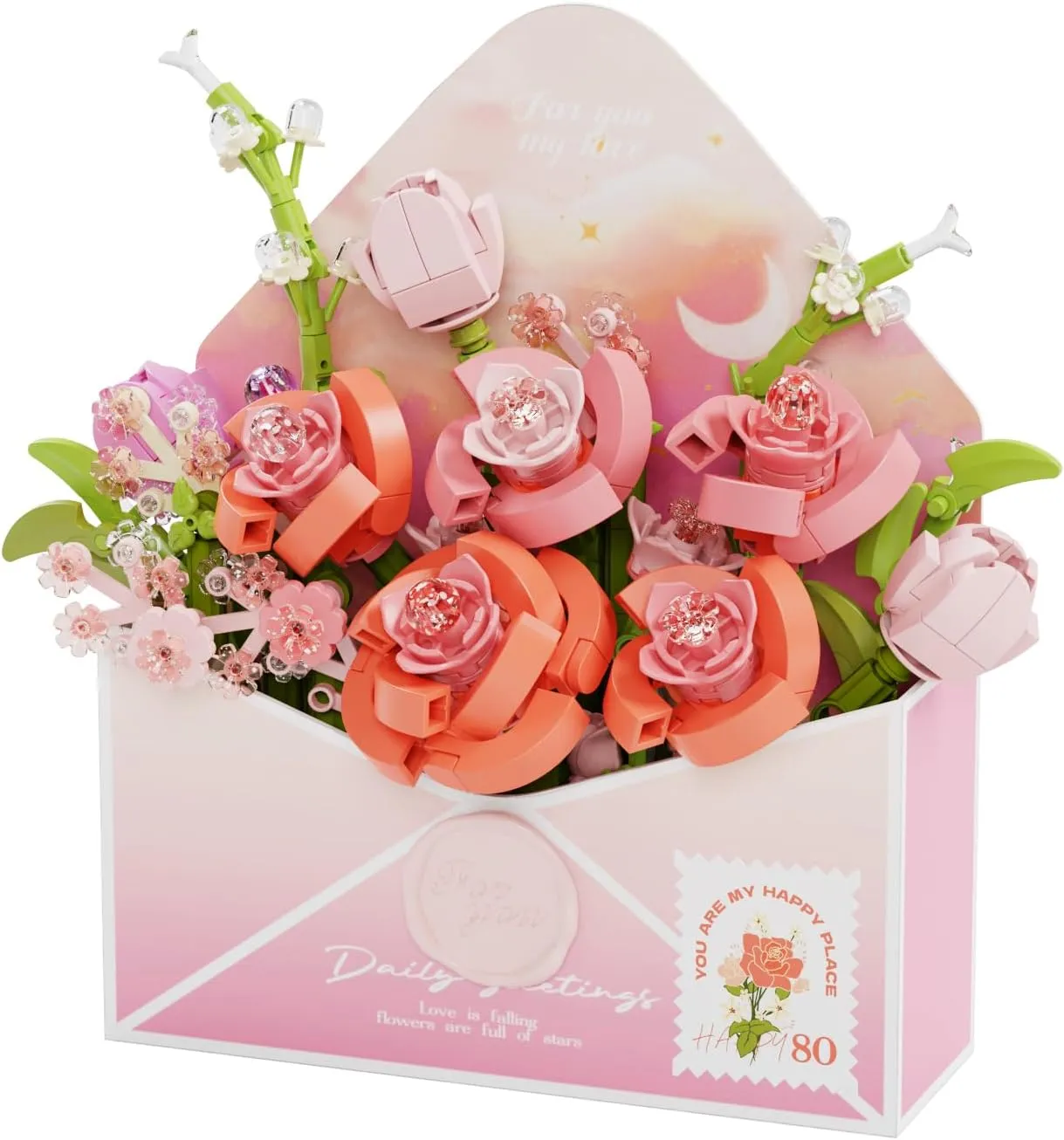Flower Love Letter Envelope Building Blocks,599 Pieces,Flower Creative,Expressions Girls Puzzle Small Particle Building Blocks, Toys, Gifts,Romantic Whisper