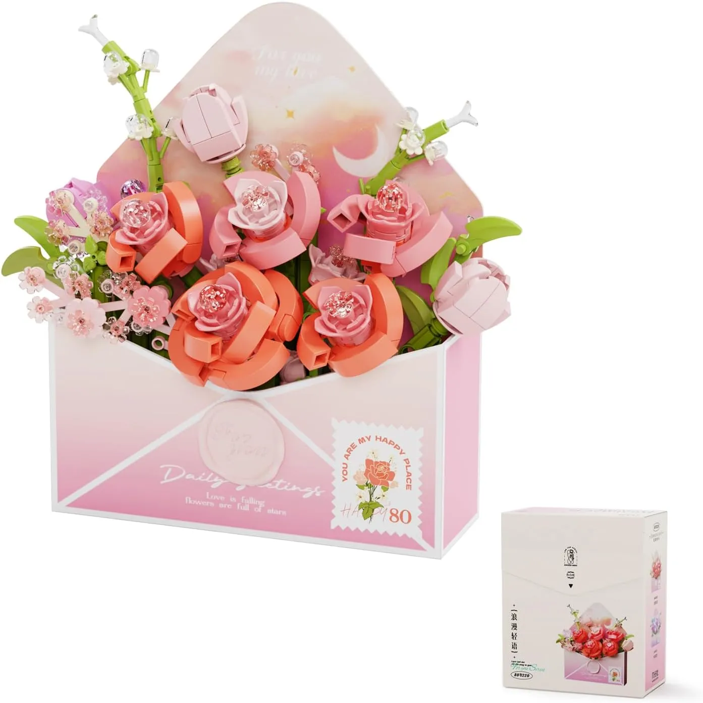 Flower Love Letter Envelope Building Blocks,599 Pieces,Flower Creative,Expressions Girls Puzzle Small Particle Building Blocks, Toys, Gifts,Romantic Whisper