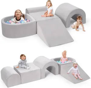 Foam Climbing Blocks for Toddlers, 5-Piece Tunnel Climber and Crawl Playset, Indoor Activity Play with Ball Pit, Machine Washable Velvet Cover, Soft Climbing Toy for Kids 1-3 (Gray)
