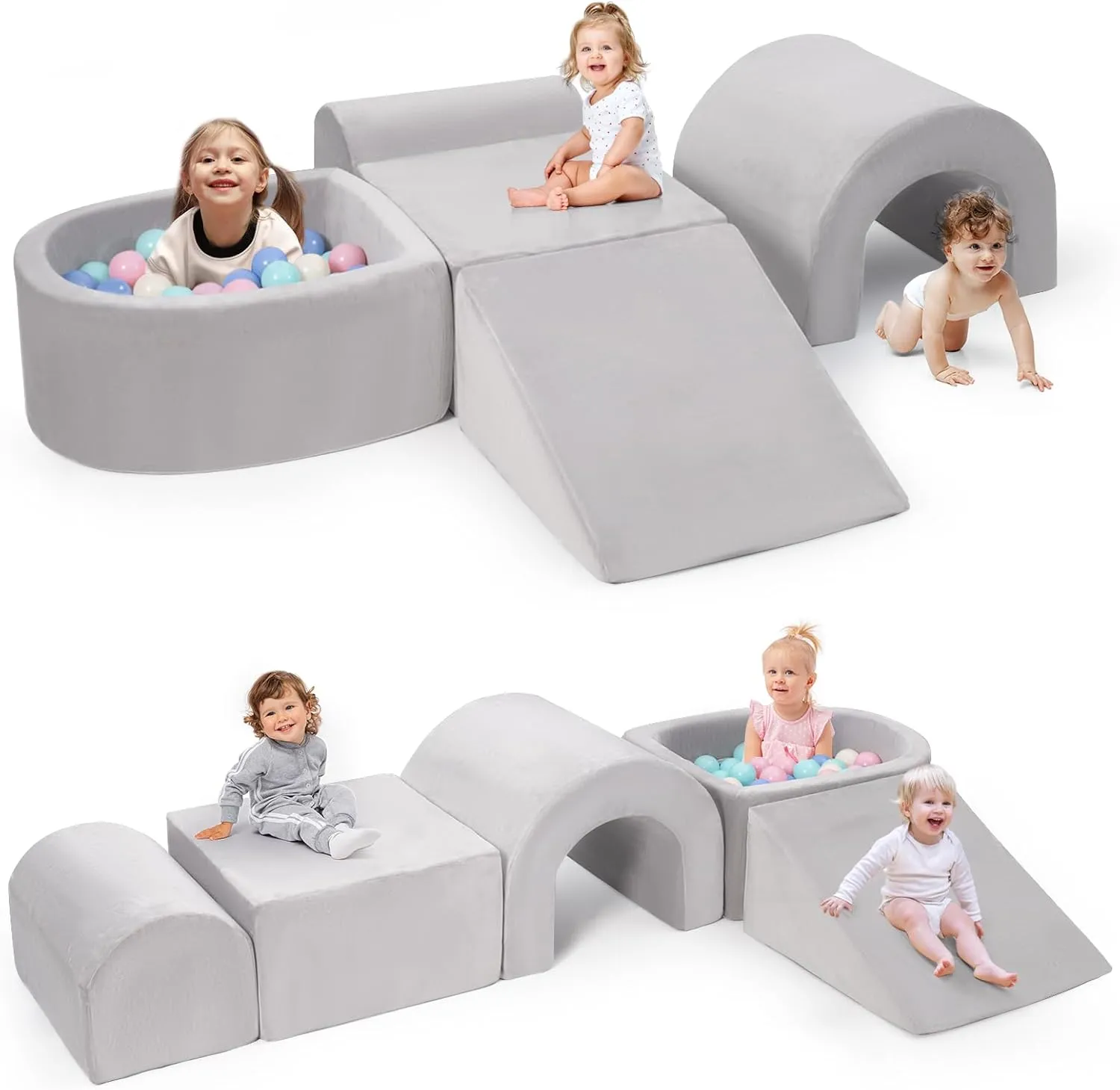 Foam Climbing Blocks for Toddlers, 5-Piece Tunnel Climber and Crawl Playset, Indoor Activity Play with Ball Pit, Machine Washable Velvet Cover, Soft Climbing Toy for Kids 1-3 (Gray)