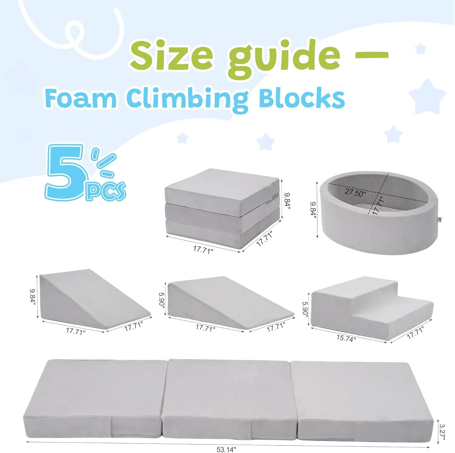 Foam Climbing Blocks with Ball Pit & Stairs for Toddlers Aged 1-3 -Soft Playset for Indoor Crawling, Foam Playground Set for Baby to Active Playing Inside -(Balls NOT Included),Grey