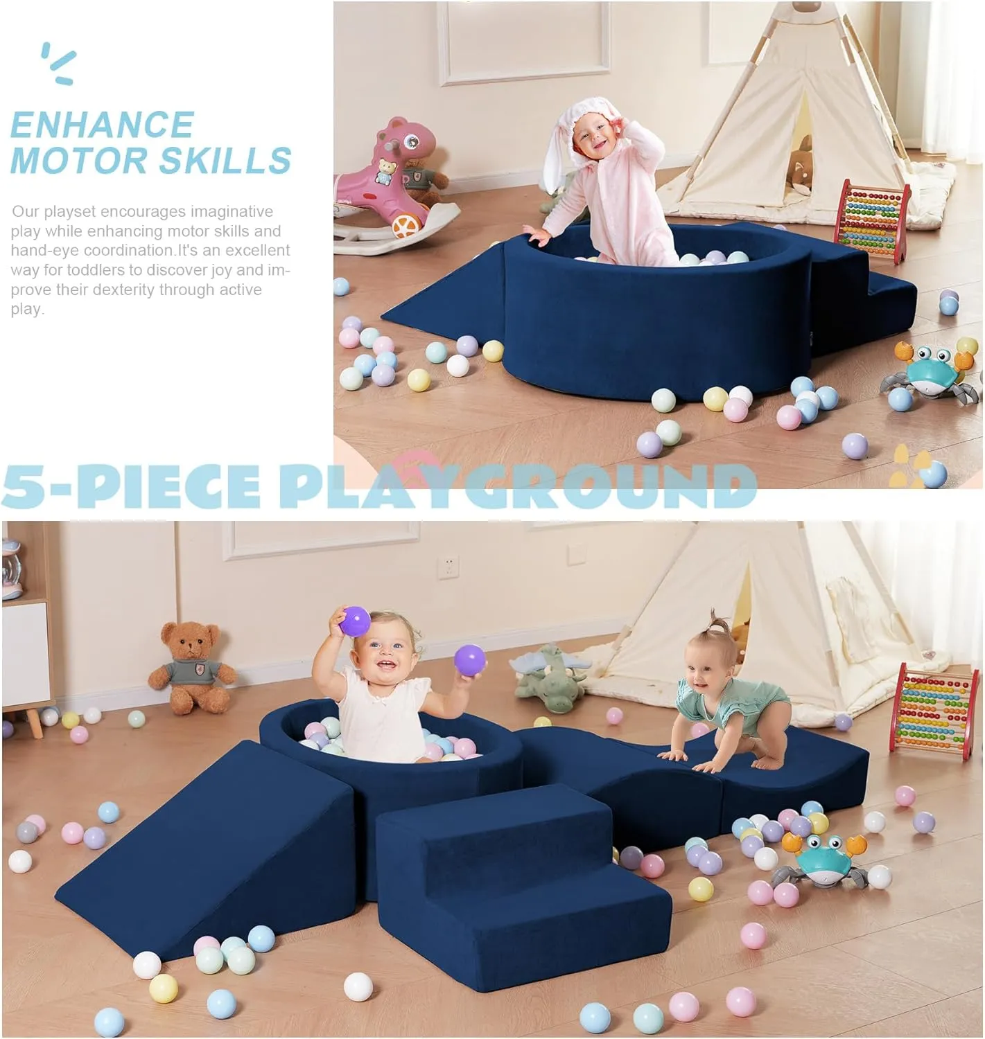 Foam Climbing Blocks with Ball Pit Designed for Toddlers Aged 1-3 -Great for Indoor Crawling, Inside Foam Playground Set for Little Ones to Active Playing -(Balls NOT Included) Navy