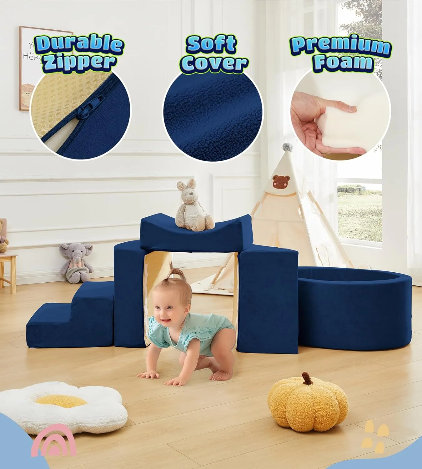 Foam Climbing Blocks with Ball Pit Designed for Toddlers Aged 1-3 -Great for Indoor Crawling, Inside Foam Playground Set for Little Ones to Active Playing -(Balls NOT Included) Navy