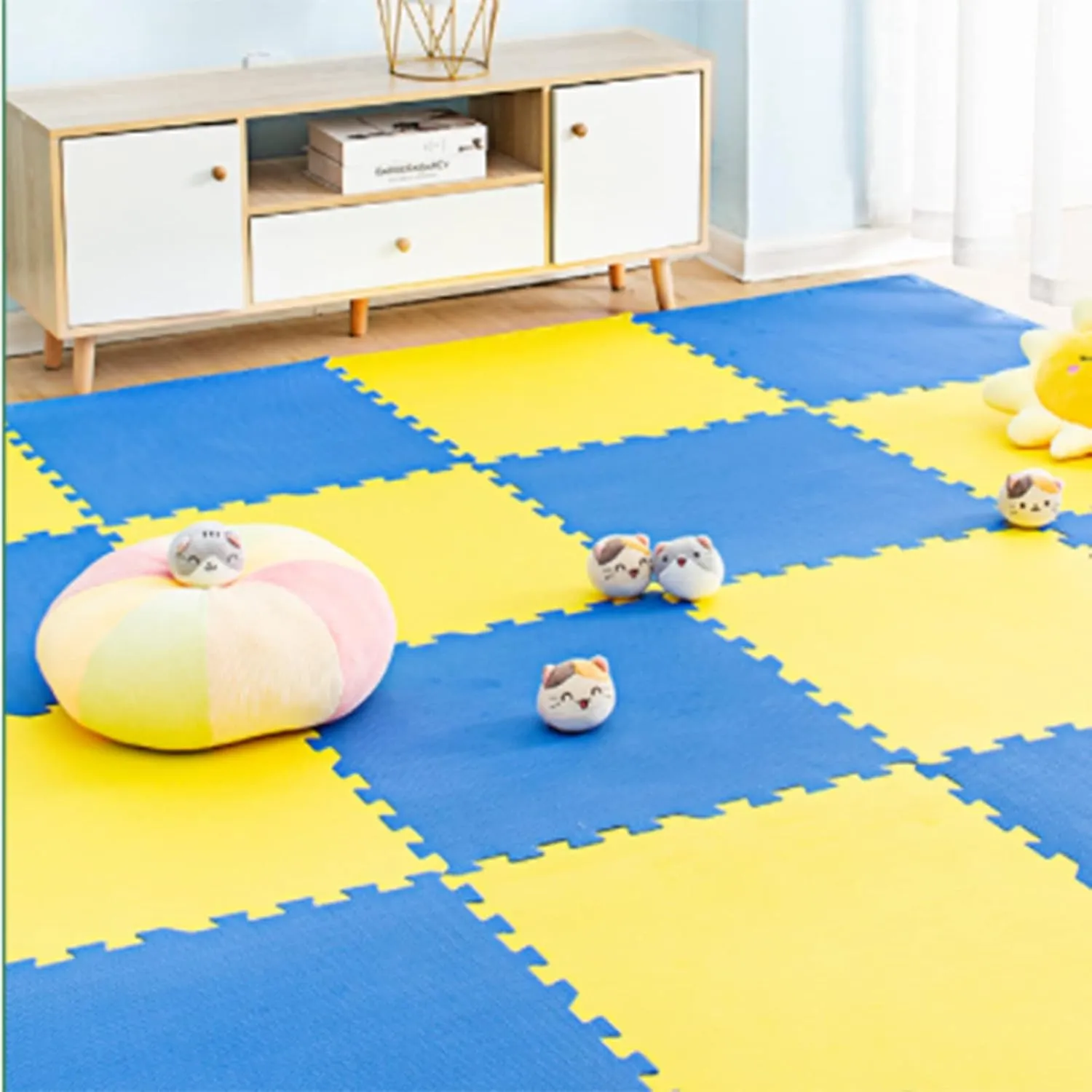 Foam Mat Non-Slip Interlocking Foam Tiles with Border, Comfortable Exercise and Play Mat 20 Tiles, Floor Work Out Mats for Home Gym，Dark Blue Yellow 60 * 60cm