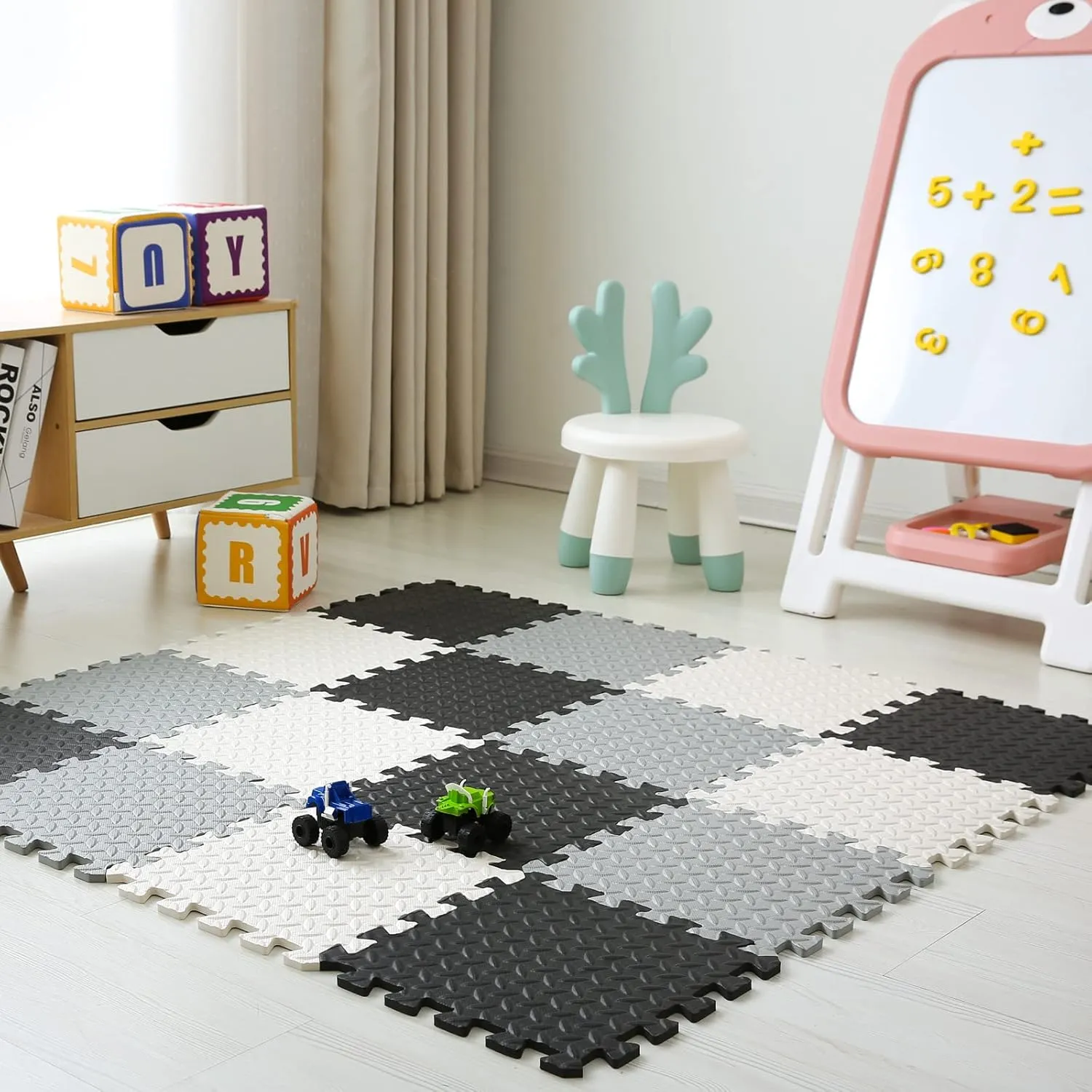 Foam Play Mat for Baby, 0.4 Inch Thicked Interlocking Floor Mats with Solid Colors, Soft Non-Toxic Baby Playmat, EVA Foam Playmat Foam Mats for Toddlers, 16 Tiles(White/Black/Gray)