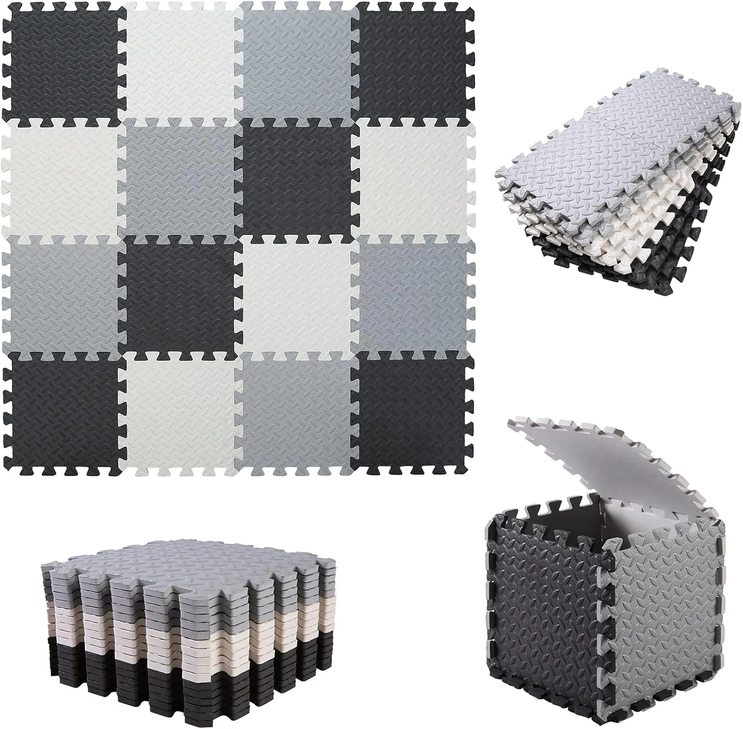 Foam Play Mat for Baby, 0.4 Inch Thicked Interlocking Floor Mats with Solid Colors, Soft Non-Toxic Baby Playmat, EVA Foam Playmat Foam Mats for Toddlers, 16 Tiles(White/Black/Gray)
