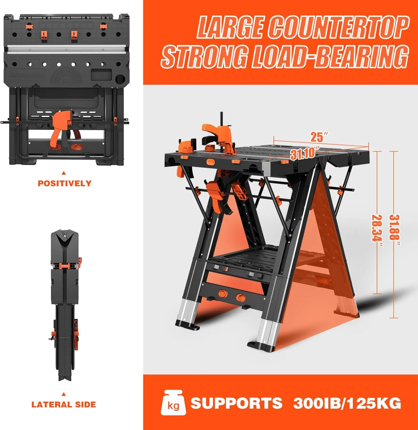 Folding Workbench,2-in-1 Waterproof Portable Folding Work Table,31" W x 25" D x 32" H Workbench,Height-Adjustable Work Table with 4 Woodworking Clamps,4 Connecting Blocks,2 Limit Blocks