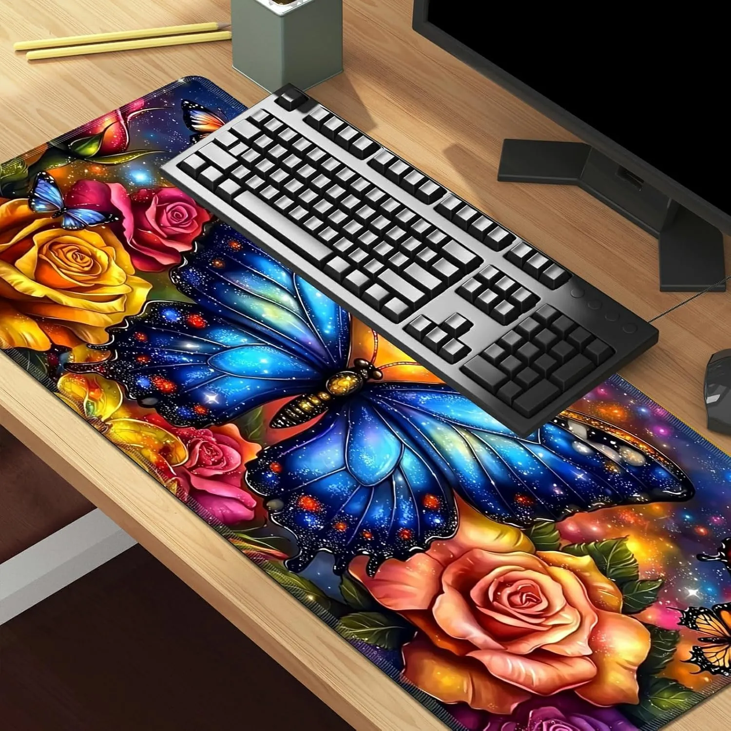 for MTG Playmats with Storage Bag, TCG Playmat MTG Game Mat with Stitched Edges, 24" x 14" Commander Board Battle Game Card Playmat, Smooth Surface Desk Mat for Card Games, Blue Butterfly Roses