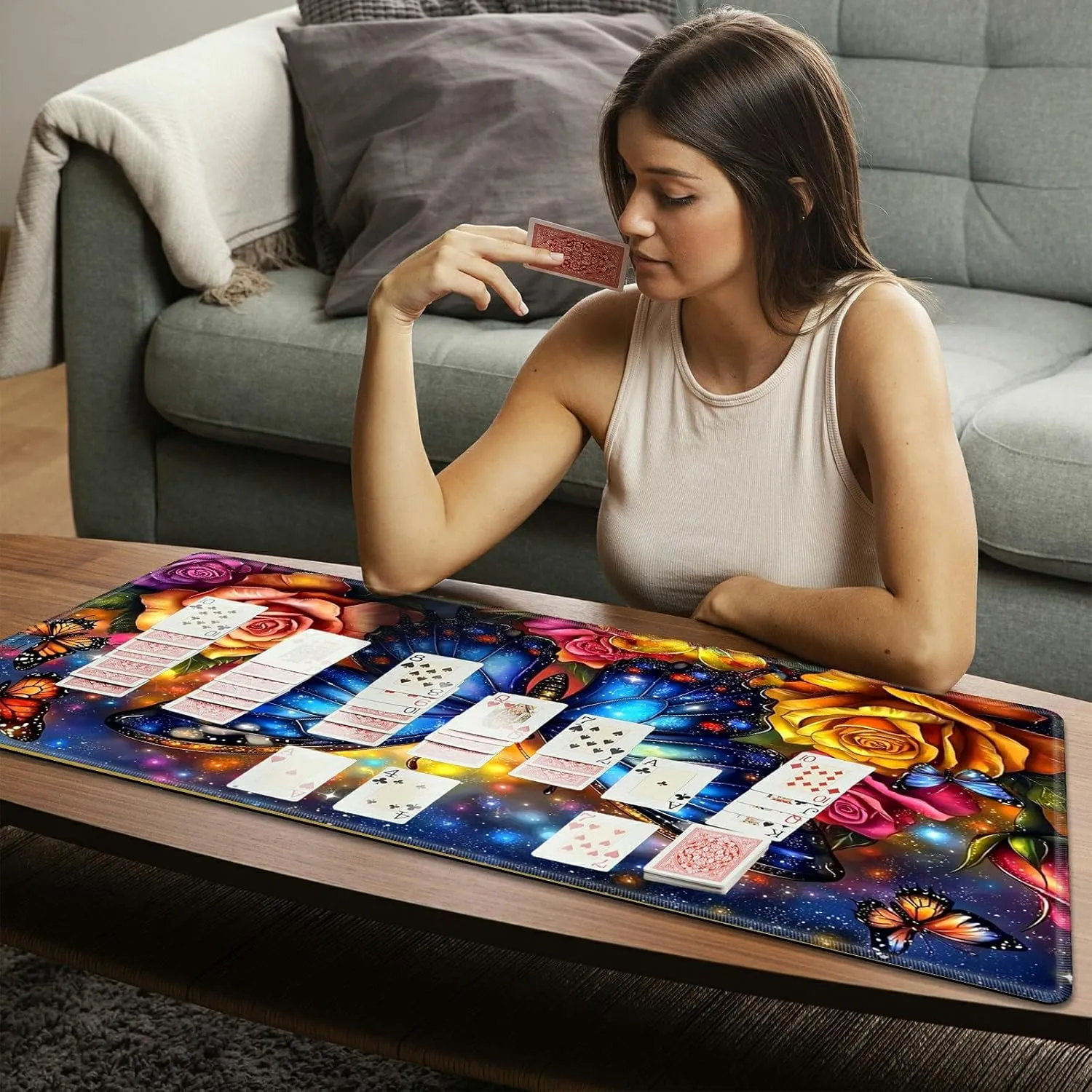for MTG Playmats with Storage Bag, TCG Playmat MTG Game Mat with Stitched Edges, 24" x 14" Commander Board Battle Game Card Playmat, Smooth Surface Desk Mat for Card Games, Blue Butterfly Roses