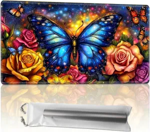 for MTG Playmats with Storage Bag, TCG Playmat MTG Game Mat with Stitched Edges, 24" x 14" Commander Board Battle Game Card Playmat, Smooth Surface Desk Mat for Card Games, Blue Butterfly Roses
