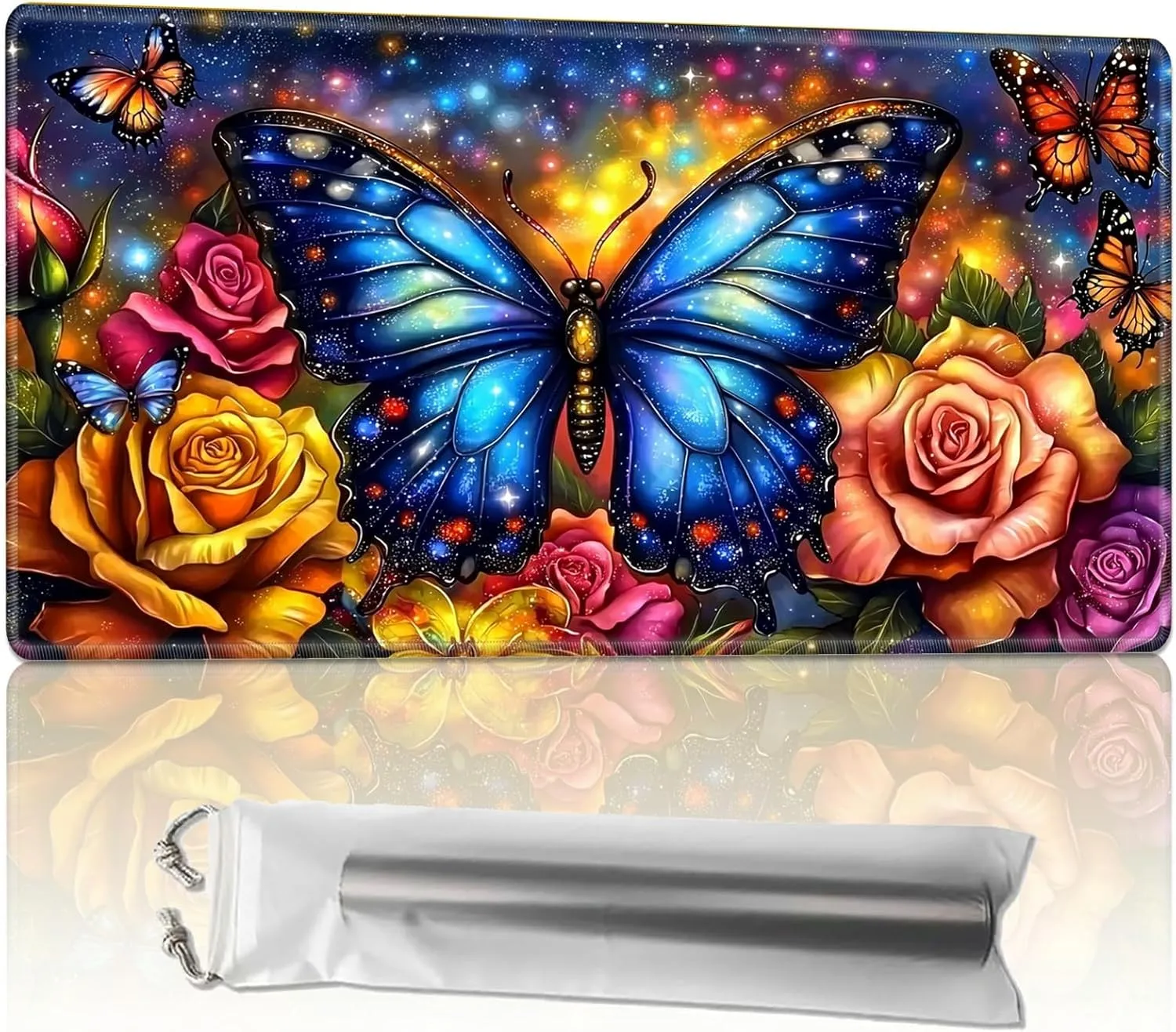 for MTG Playmats with Storage Bag, TCG Playmat MTG Game Mat with Stitched Edges, 24" x 14" Commander Board Battle Game Card Playmat, Smooth Surface Desk Mat for Card Games, Blue Butterfly Roses