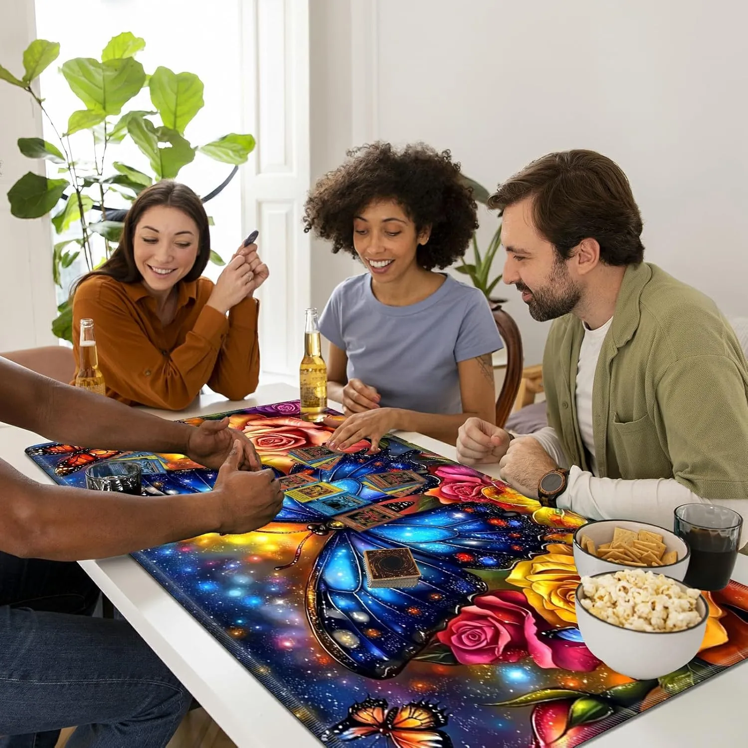 for MTG Playmats with Storage Bag, TCG Playmat MTG Game Mat with Stitched Edges, 24" x 14" Commander Board Battle Game Card Playmat, Smooth Surface Desk Mat for Card Games, Blue Butterfly Roses