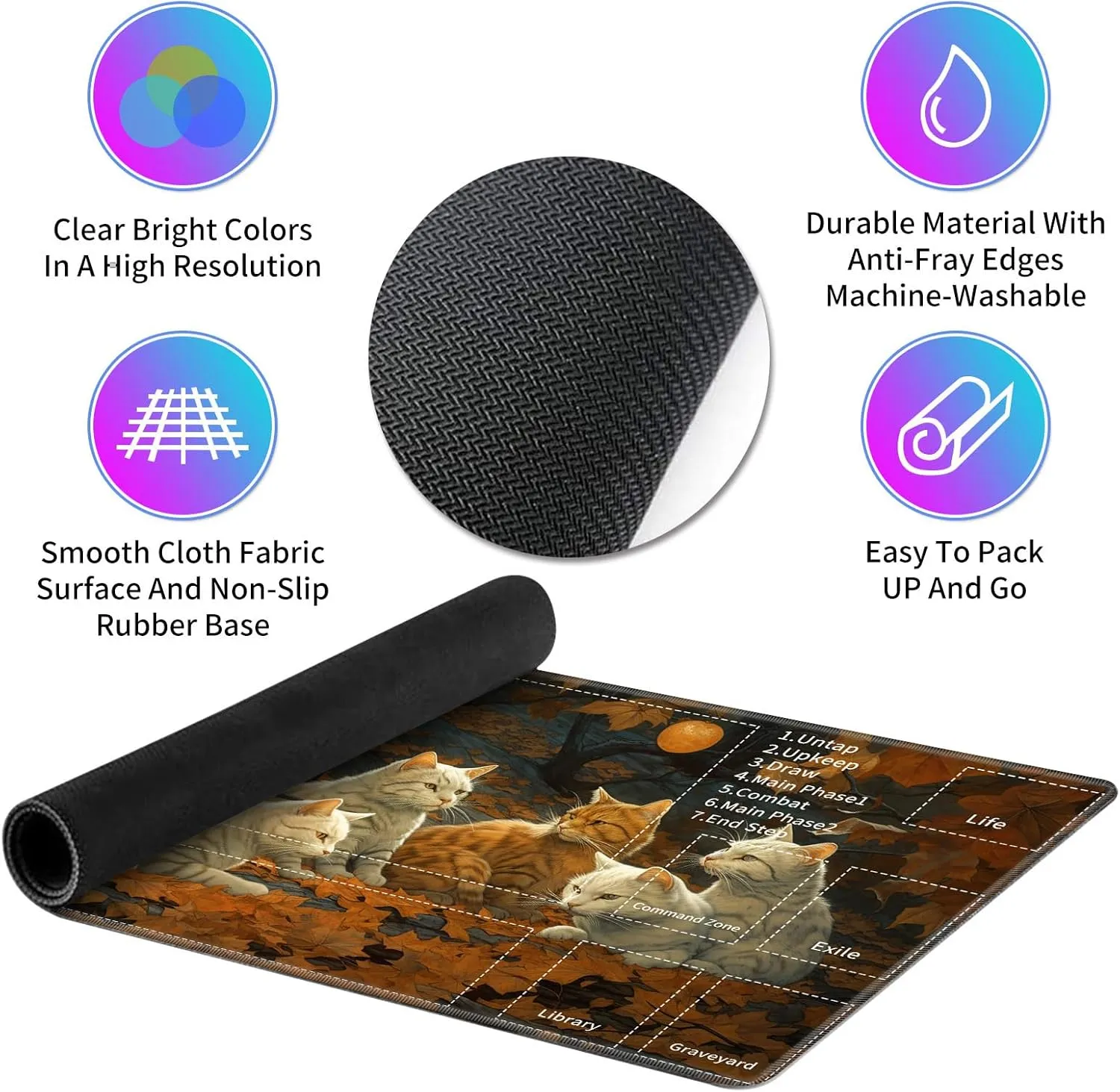 for MTG TCG Playmat,Game Play Mat for MTG TCG DTCG CCG RPG and Other Card Games/Mouse Pad 24 x 14 inches Trading Card Game Board Game with Zones and Non Slip Rubber Backing,Cat Party