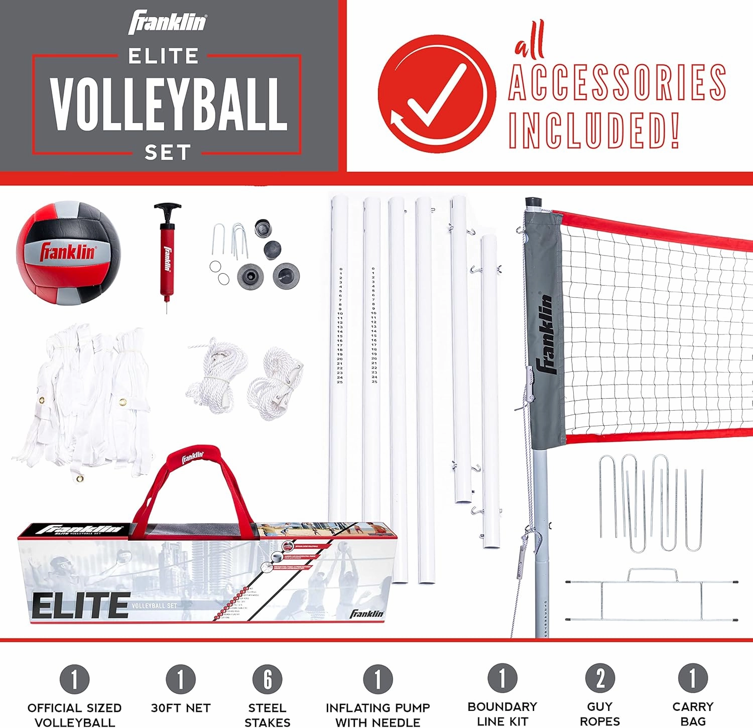 Franklin Sports Outdoor Volleyball Net Sets - Beach   Backyard Portable Volleyball Net with Poles - Complete Outdoor Volleyball Sets with Net   Volleyball Included