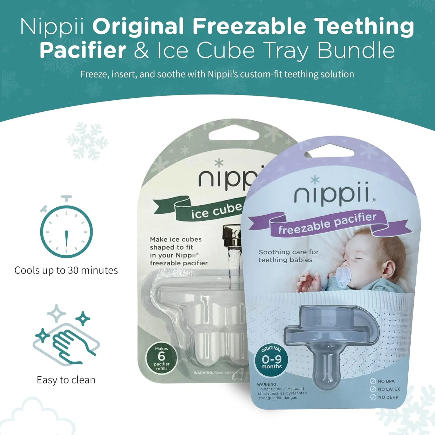 Freezer Teether Pacifier & Ice Cube Tray – Soft Silicone Freezable Teething Paci for Baby Teething Relief - Cold Infant Teether 0-9 Months - BPA Free, Medical Grade & Easy to Clean – USA Bundle