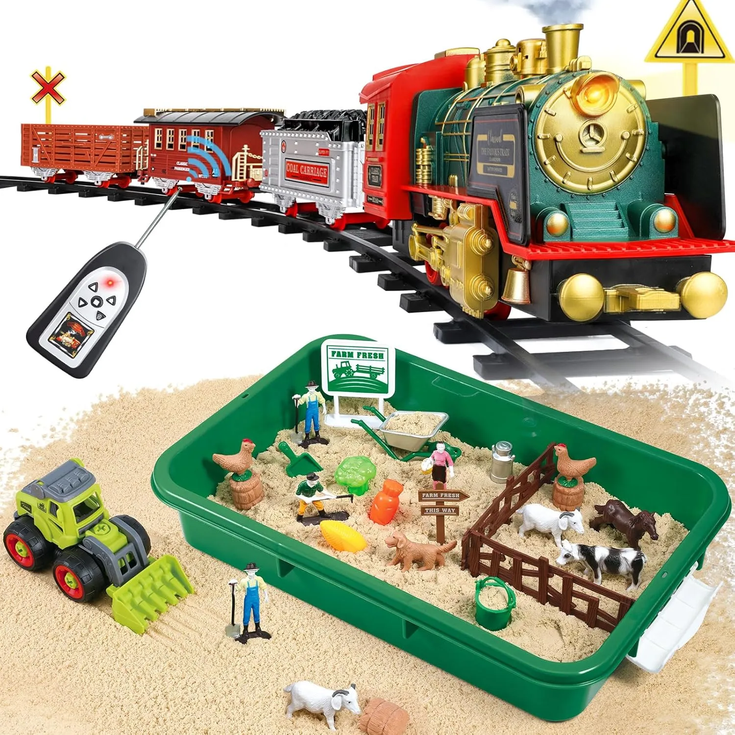 FRUSE Remote Control Train Set & Play Sand Farm Toys,Electric R/C Train Toy for Kids w/Smokes,Lights & Sound,Sensory Bins for Toddlers with 2.2lbs Sensory Play Sand,Farm Figures & Tractor Playset