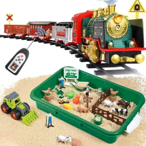 FRUSE Remote Control Train Set & Play Sand Farm Toys,Electric R/C Train Toy for Kids w/Smokes,Lights & Sound,Sensory Bins for Toddlers with 2.2lbs Sensory Play Sand,Farm Figures & Tractor Playset
