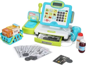 FS Pretend Play Calculator Cash Register Toy as Preschool Gift for Kids, Classic Count Toy with Sound, Microphone, Scanner, Pretend Credit Card, Play Food for Boys & Girls,45 Pieces, Ages 3 4 5 6 7