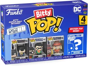 Funko Bitty POP! DC - Batman, 4-Pack - Batman, Robin, Scarecrow and A Surprise Mystery Mini Figure - 0.9 Inch (2.2 Cm) - DC Comics Collectable - Stackable Display Shelf Included - Gift Idea