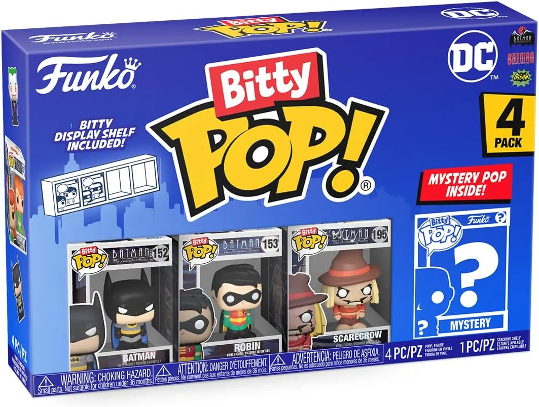 Funko Bitty POP! DC - Batman, 4-Pack - Batman, Robin, Scarecrow and A Surprise Mystery Mini Figure - 0.9 Inch (2.2 Cm) - DC Comics Collectable - Stackable Display Shelf Included - Gift Idea