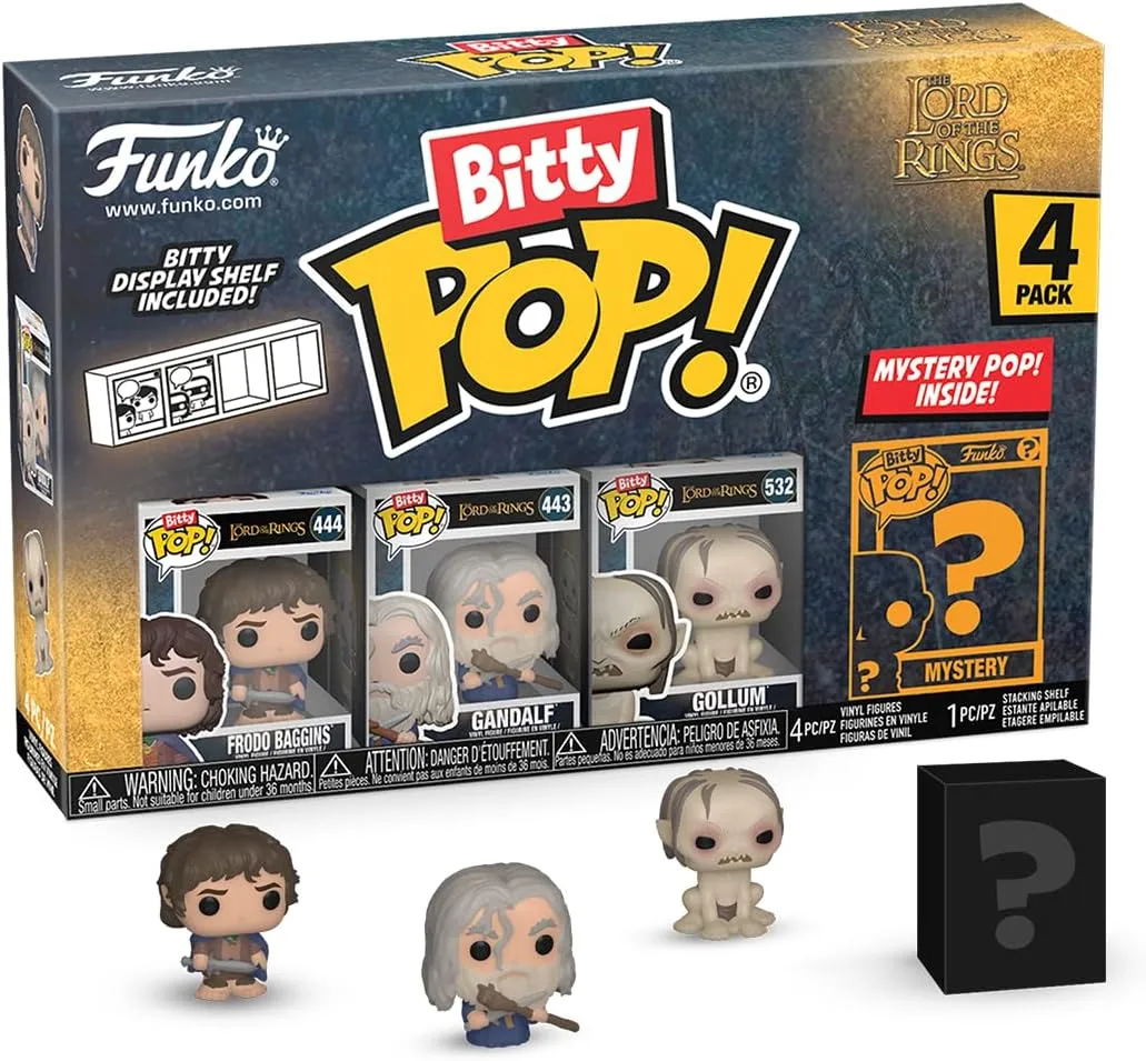 Funko Bitty POP! Lord of The Rings - Frodo, 4-Pack​ and A Surprise Mystery Mini Figure - 0.9 Inch (2.2 Cm) - Lord of The Rings Collectable - Stackable Display Shelf Included - Gift Idea