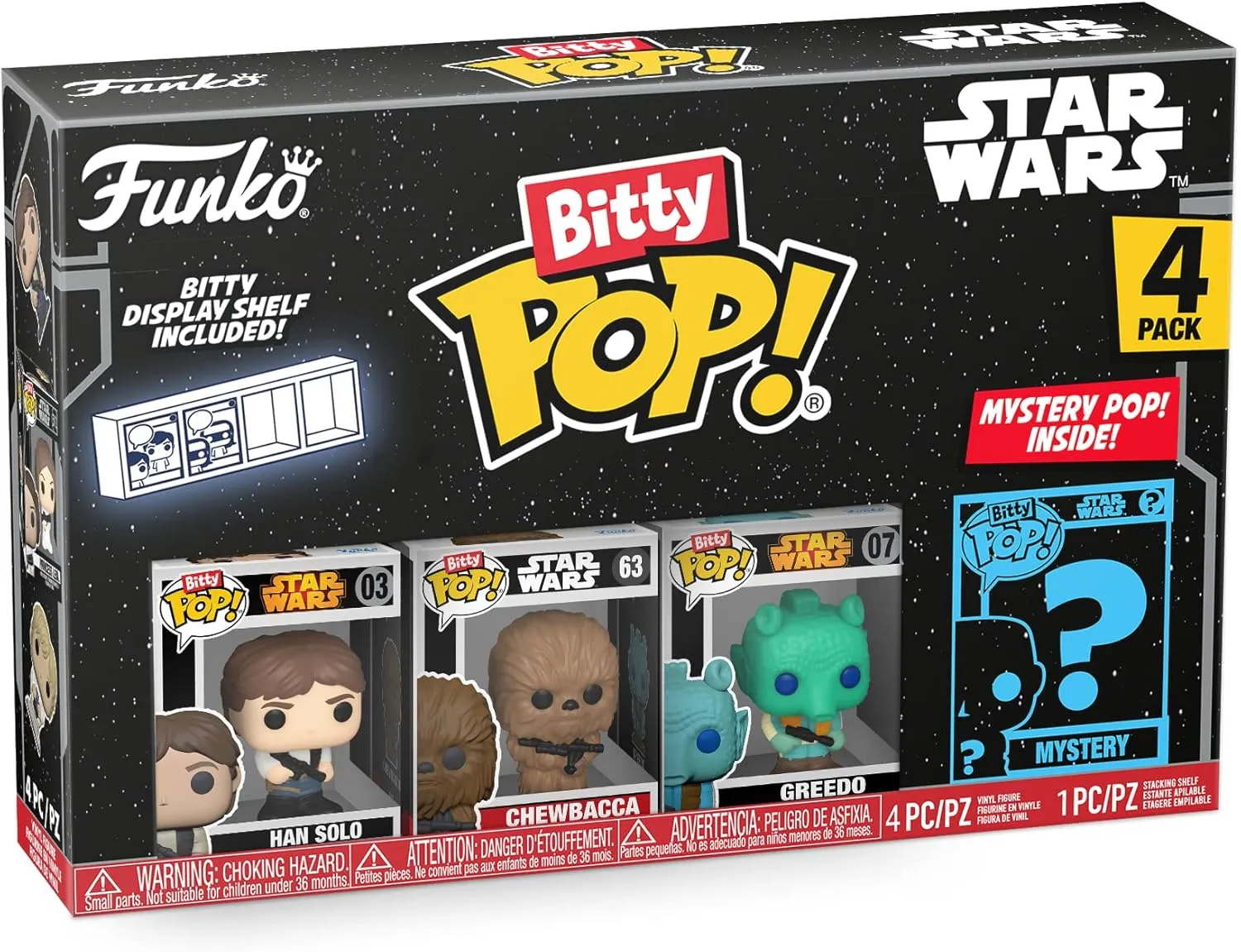 Funko Bitty POP! Star Wars - Han Solo, 4-Pack - Han Solo, Chewbacca, Greedo and A Surprise Mystery Mini Figure - 0.9 Inch (2.2 Cm) Collectable - Stackable Display Shelf Included - Gift Idea