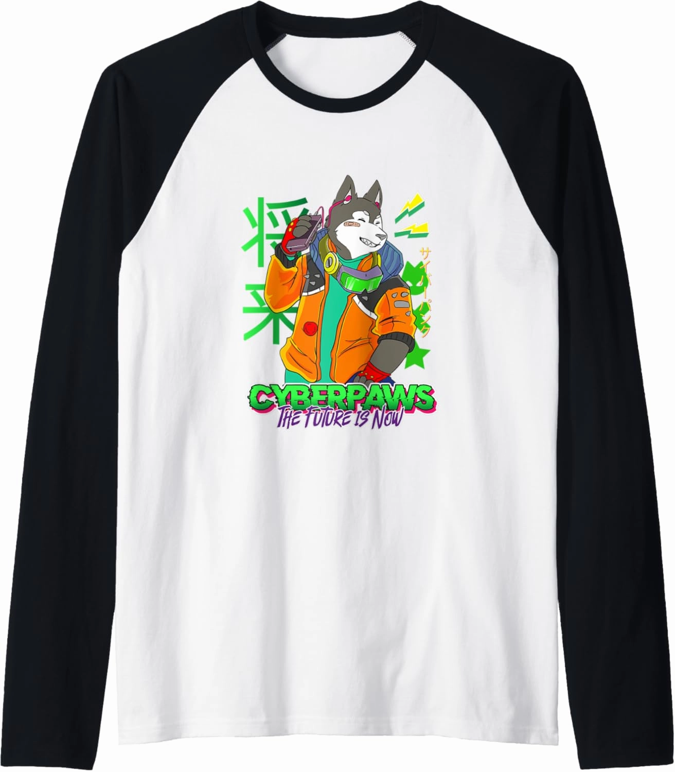 Funny cyberdog Retro futuristic kawaii paws Raglan Baseball Tee