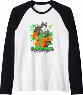 Funny cyberdog Retro futuristic kawaii paws Raglan Baseball Tee