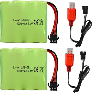 Fytoo 2PCS 7.4V 1000mah SM-4P Plug Rechargeable Battery with USB Charging Cable for DE36W DE65 NO.1809 RC Toy Car Model Off-Road Car Climbing Drift Racing Battery