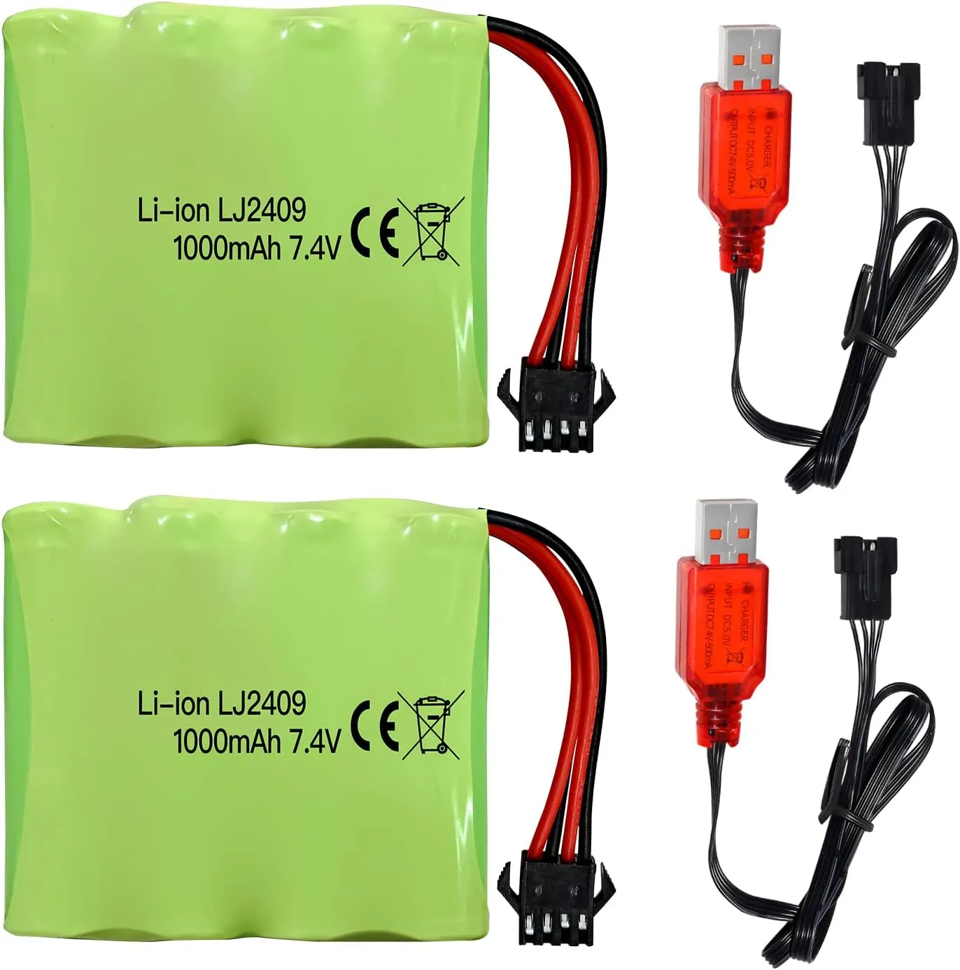 Fytoo 2PCS 7.4V 1000mah SM-4P Plug Rechargeable Battery with USB Charging Cable for DE36W DE65 NO.1809 RC Toy Car Model Off-Road Car Climbing Drift Racing Battery