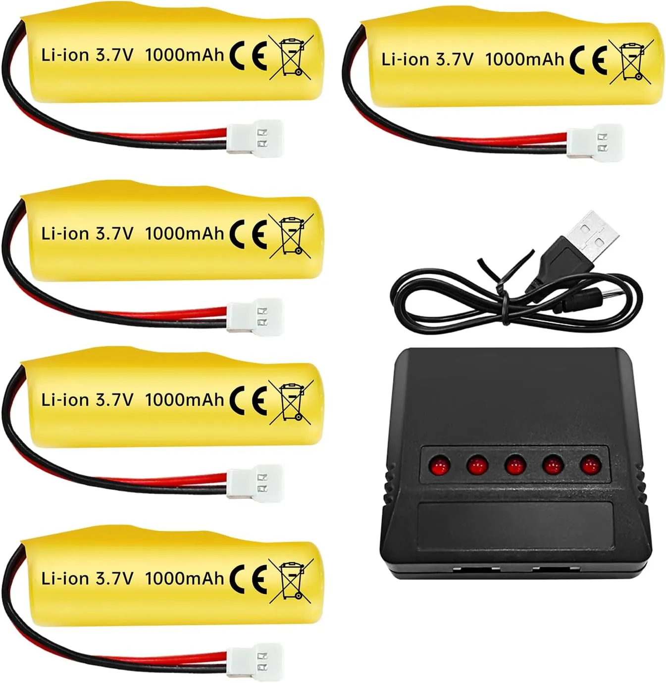 Fytoo 5PCS 3.7V 1000mAh Li-ion Battery with Molex Plug with 5 in 1 Charger for RC Engineering Car Drift Car Truck Off-Road Vehicle RC Vehicle High Speed Climbing Racing Car Remote Control Boat