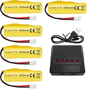 Fytoo 5PCS 3.7V 1000mAh Li-ion Battery with Molex Plug with 5 in 1 Charger for RC Engineering Car Drift Car Truck Off-Road Vehicle RC Vehicle High Speed Climbing Racing Car Remote Control Boat
