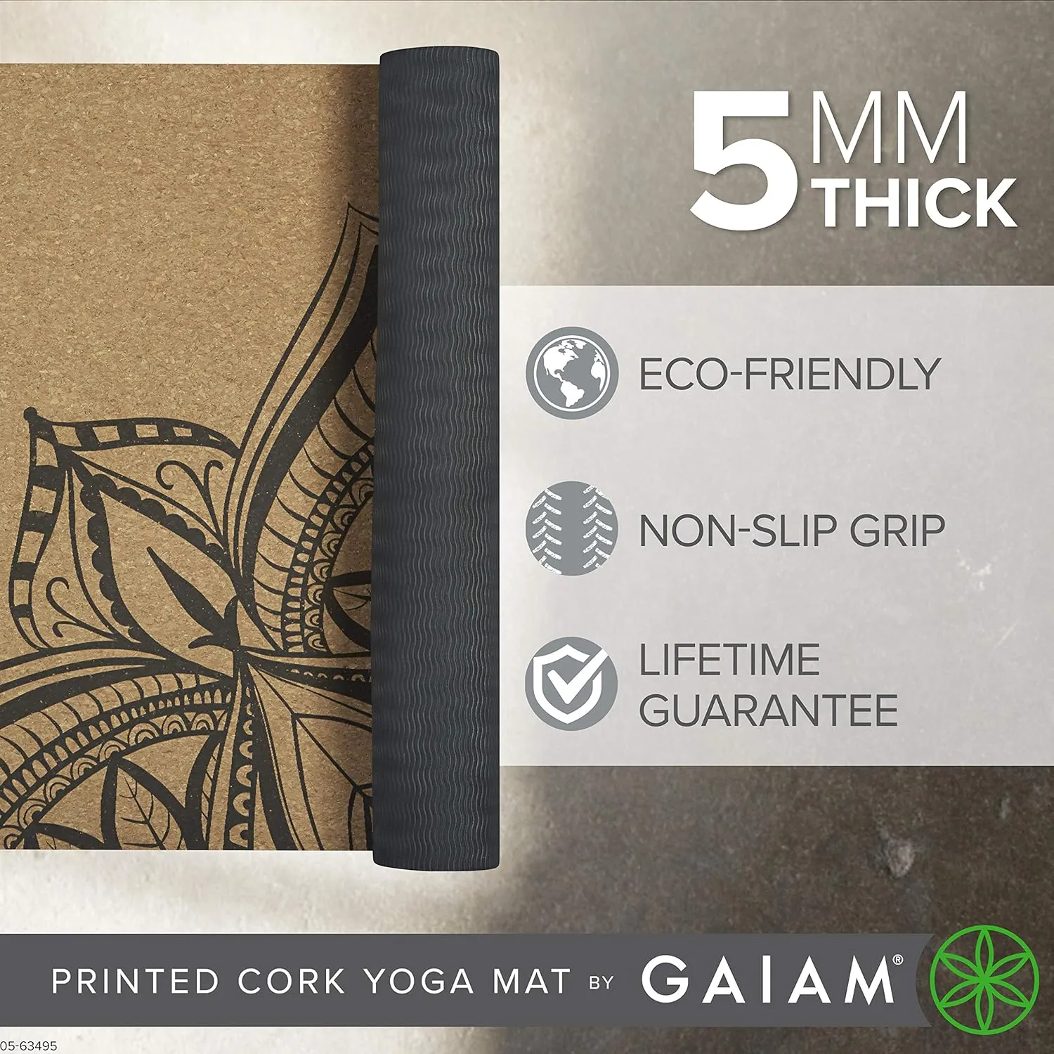 Gaiam Cork Yoga Exercise Mat | Natural Sustainable Cork Resists Sweat and Odors | Non-Slip TPE Backing Prevents Slipping| Great for Hot Yoga, Pilates, Fitness Working Out (68" x 24"x 5mm Thick)