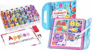 Gamenote Classroom Magnetic Alphabet Letters Kit JoyCat Water Reveal Alphabet Coloring Book for Toddlers 3-5, Reusable 14 Activity Pages with Water Pen for No-Mess Drawing, Preschool Alphabet Learning
