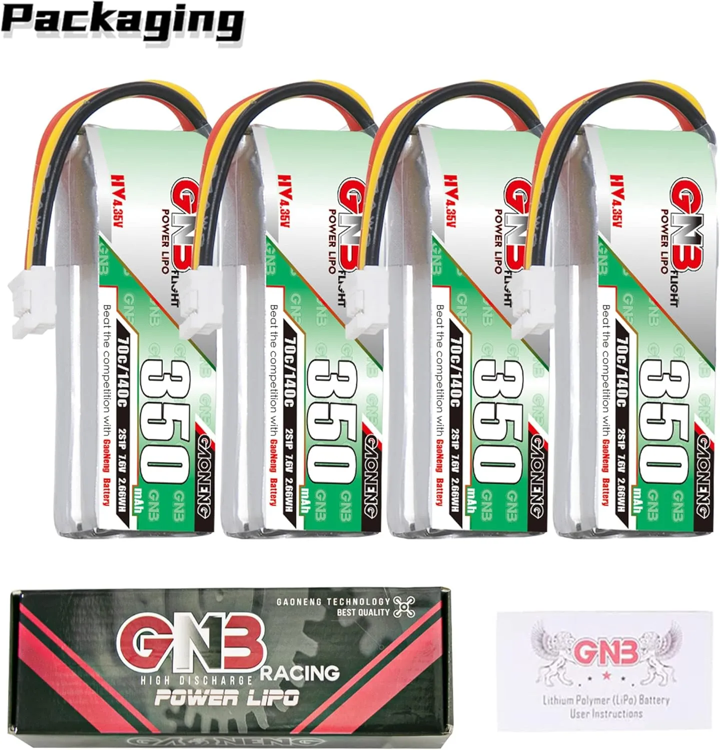 GAONENG 4pcs GNB Batteries 2S LiPo 350mAh HV 7.6V 70C PH2.0 3PIN LiPo Battery for RC Car 1:28 1/28 4WD Drift onload offload K969 K989 wltoys Brushed