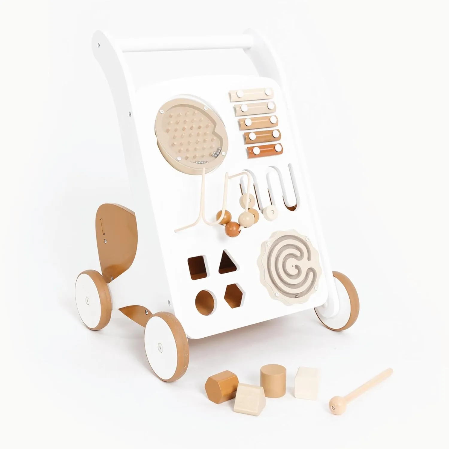Gathre Wooden Baby Activity Push Walker with Wheels, Busy Board, and Toys Included, Great for Ages 12  Months, Easily Wipeable, Modern Beige Aesthetic - Camel