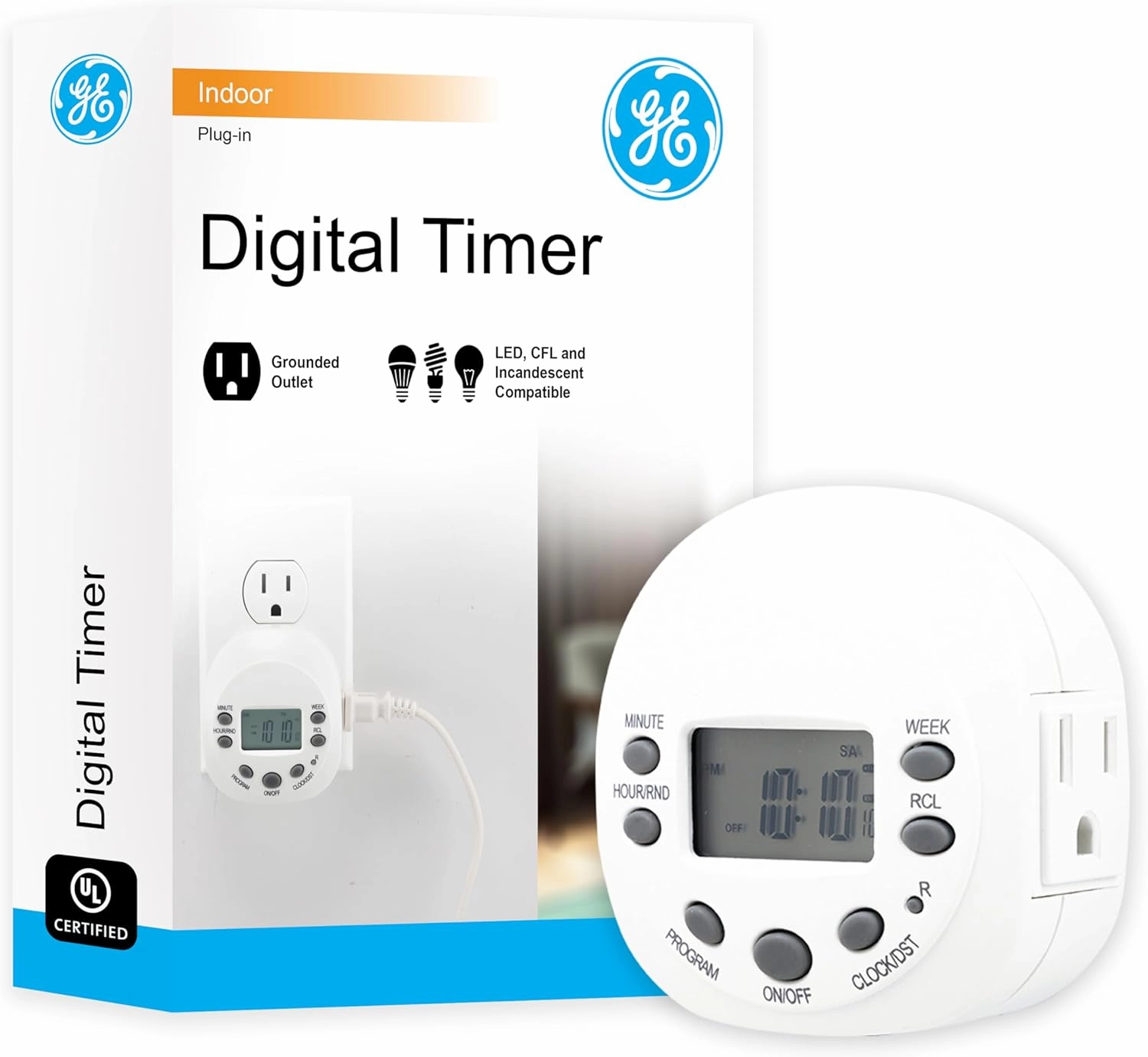 GE 7-Day Programmable Indoor Digital Timer, 1 Grounded Outlet, Weekly / 7 Day Cycle Plug For Electrical Outlets, 125 VAC Light, Plug, Lamp, White, 1 Pack, 15150