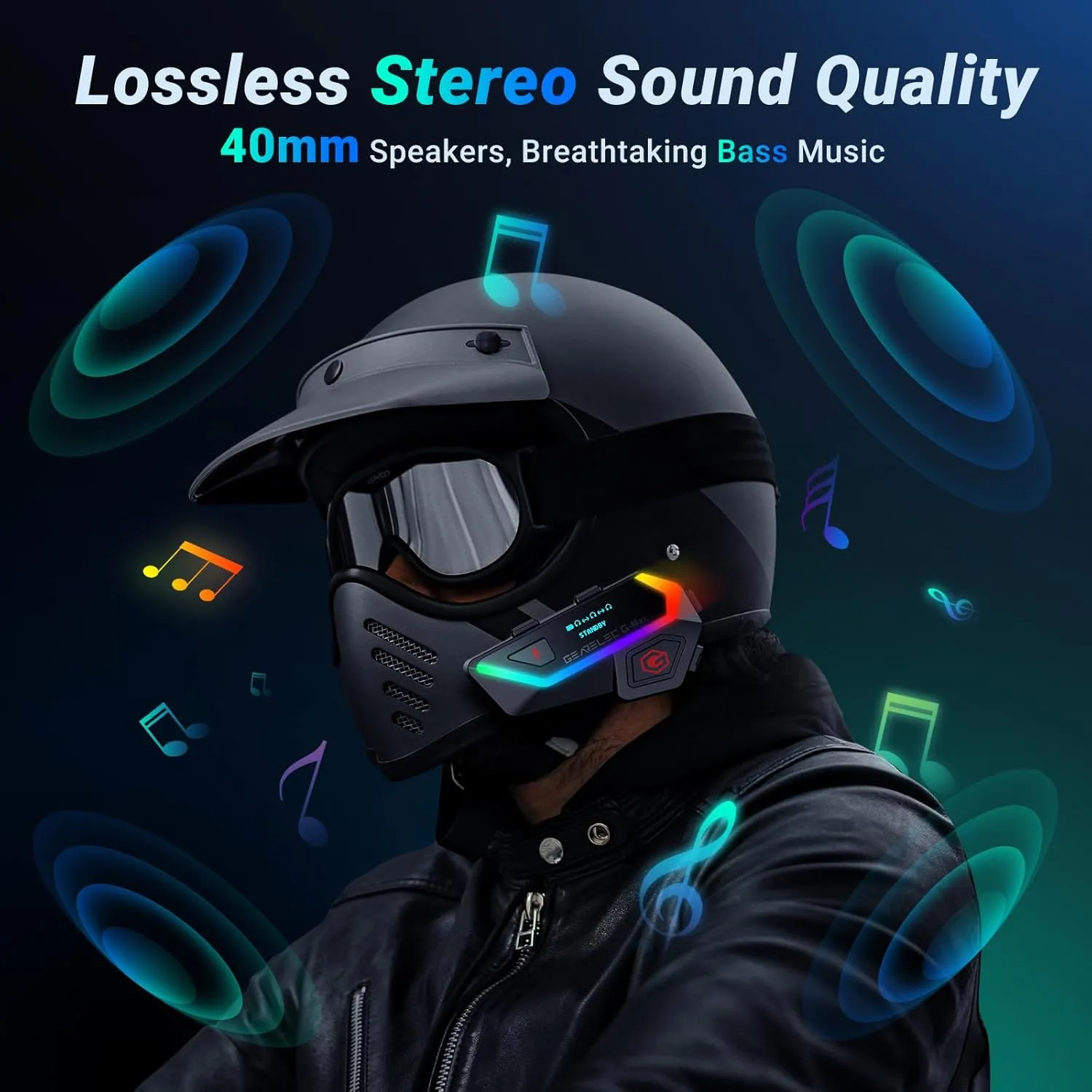 gearelec Motorcycle Bluetooth Headset【HiFi Stereo Sound】【Screen and RGB Lights】 80Mph Clear Calls Helmet Bluetooth Headset, 2000M 6 Riders Motorcycle Intercom with Triple Noise-Reduction/FM/V5.2BT