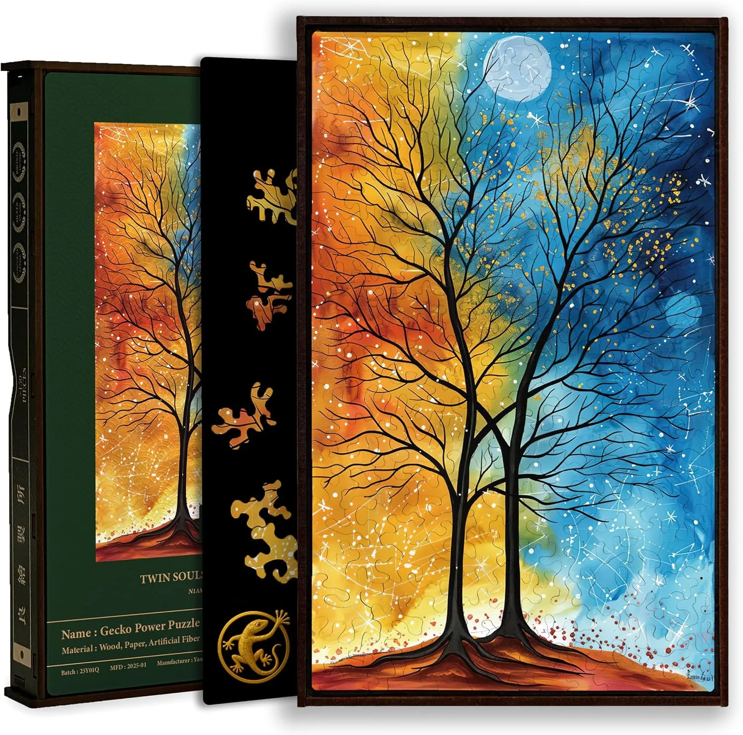 Gecko Power Puzzle with Frame for Adults, 150 Piece Premium Wooden Jigsaw Puzzles, Cool Creative Puzzle Gift, Puzzle Frame Included (Twin Souls of The Forest)