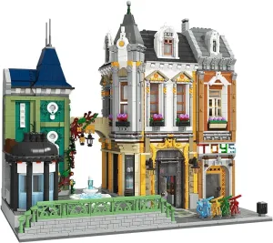 General Jim's Toy Store Square Two-Story Building Blocks Set – Detailed European-Inspired Modular City Model – Includes Accessories, Sidewalk Features, Interactive Toy Areas & More!